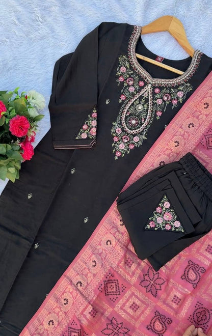 Premium Marina Silk Kurti, Pant & Maslin Dupatta – Multi Thread Embroidery