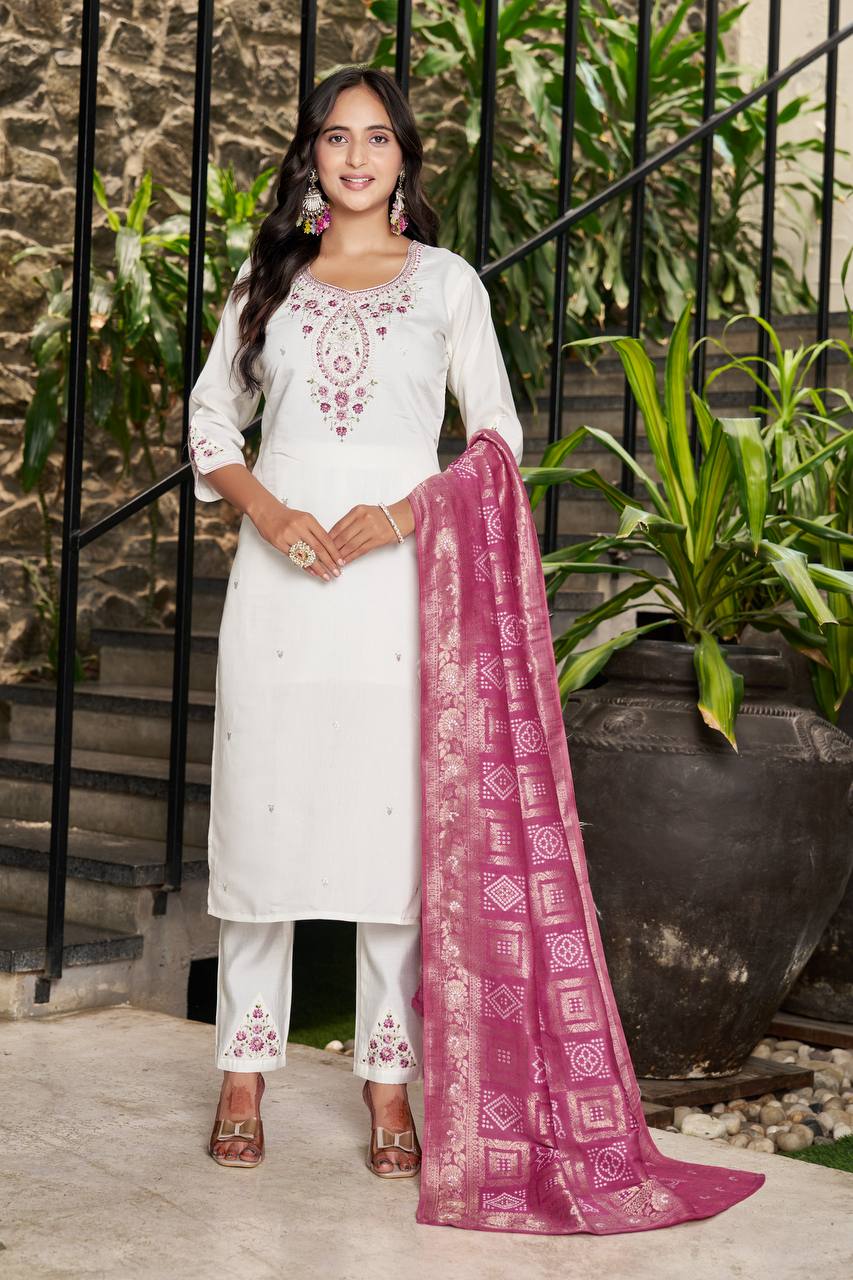 Premium Marina Silk Kurti, Pant & Maslin Dupatta – Multi Thread Embroidery