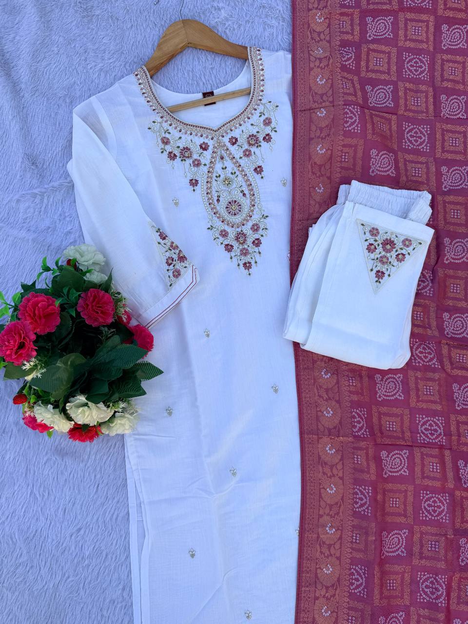 Premium Marina Silk Kurti, Pant & Maslin Dupatta – Multi Thread Embroidery