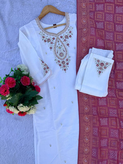 Premium Marina Silk Kurti, Pant & Maslin Dupatta – Multi Thread Embroidery
