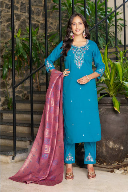 Premium Marina Silk Kurti, Pant & Maslin Dupatta – Multi Thread Embroidery