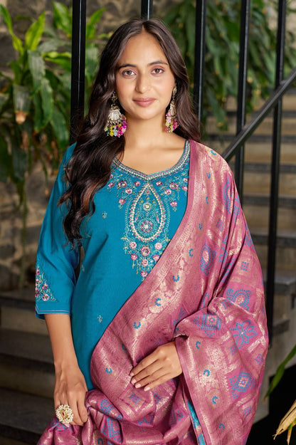 Premium Marina Silk Kurti, Pant & Maslin Dupatta – Multi Thread Embroidery
