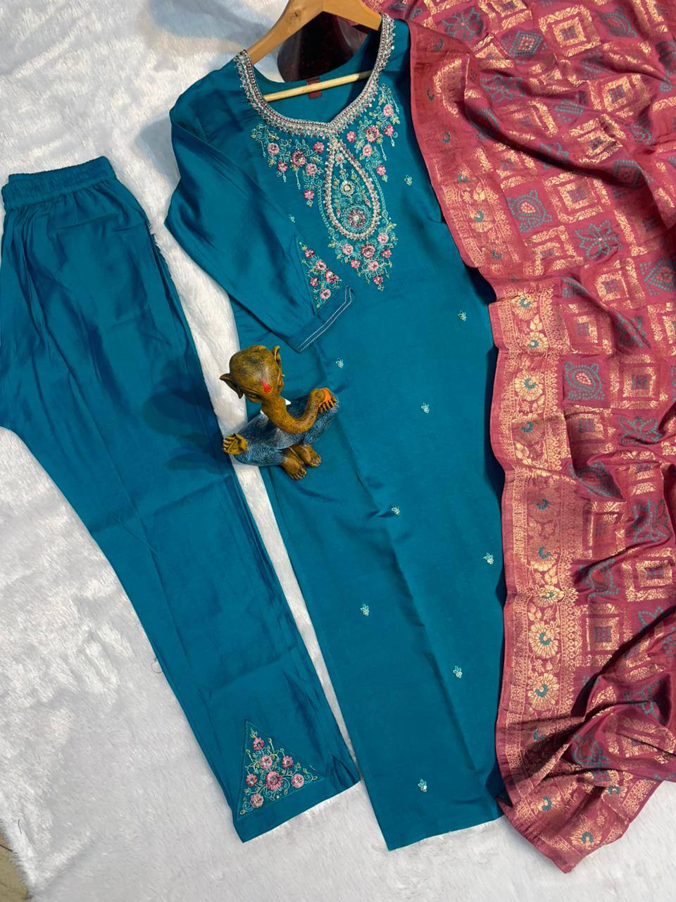 Premium Marina Silk Kurti, Pant & Maslin Dupatta – Multi Thread Embroidery