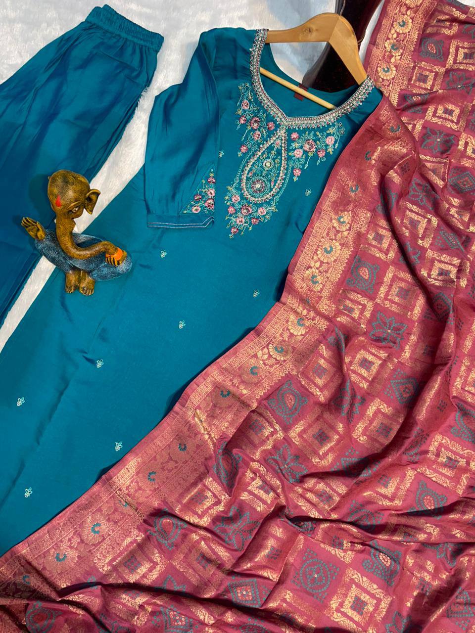 Premium Marina Silk Kurti, Pant & Maslin Dupatta – Multi Thread Embroidery