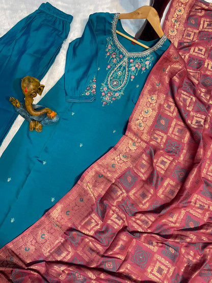 Premium Marina Silk Kurti, Pant & Maslin Dupatta – Multi Thread Embroidery