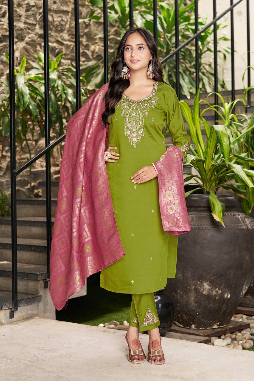 Premium Marina Silk Kurti, Pant & Maslin Dupatta – Multi Thread Embroidery
