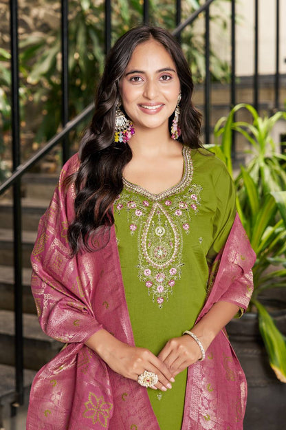 Premium Marina Silk Kurti, Pant & Maslin Dupatta – Multi Thread Embroidery