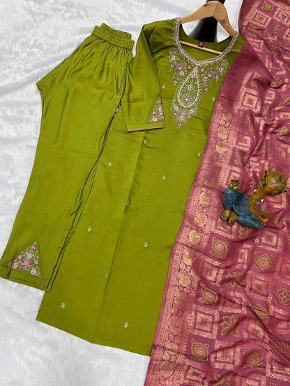 Premium Marina Silk Kurti, Pant & Maslin Dupatta – Multi Thread Embroidery