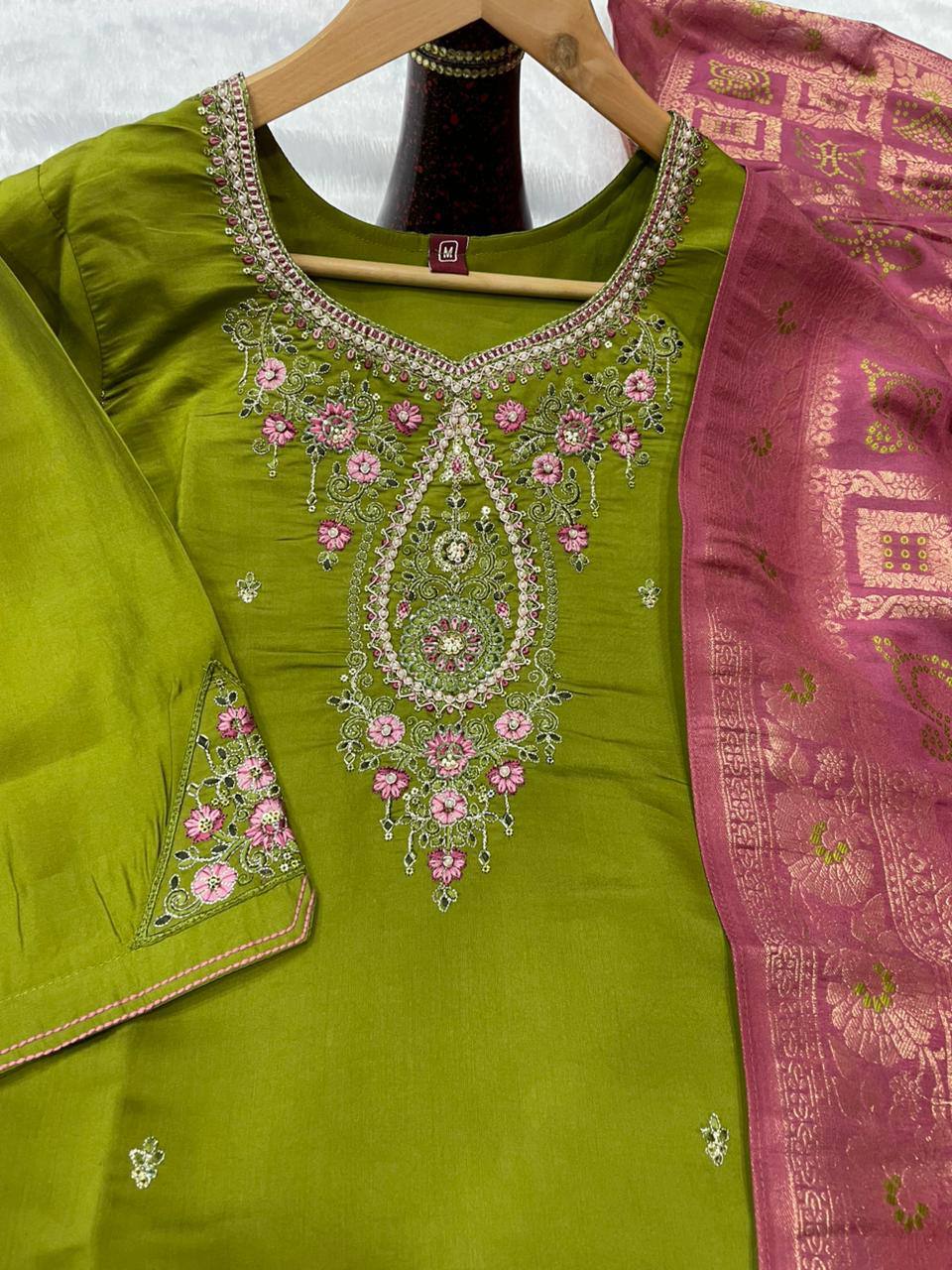 Premium Marina Silk Kurti, Pant & Maslin Dupatta – Multi Thread Embroidery