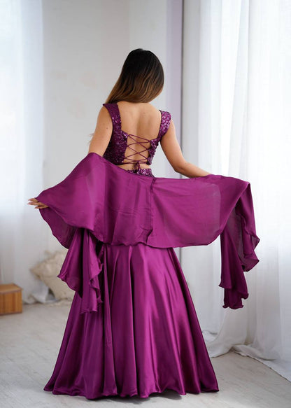 Premium Net Embroidered Crepe Blouse, Fishcut Skirt & Dupatta