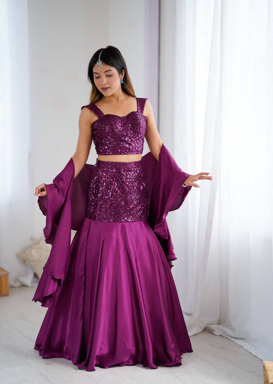 Premium Net Embroidered Crepe Blouse, Fishcut Skirt & Dupatta
