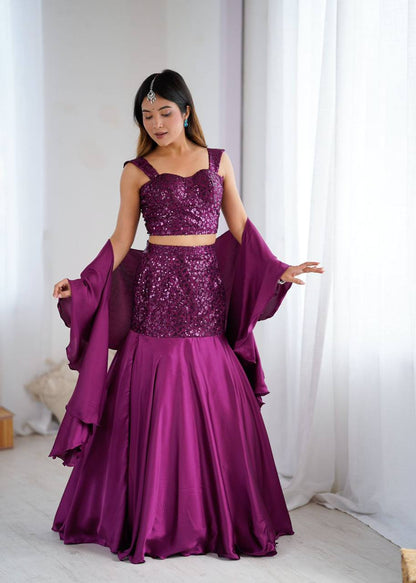 Premium Net Embroidered Crepe Blouse, Fishcut Skirt & Dupatta