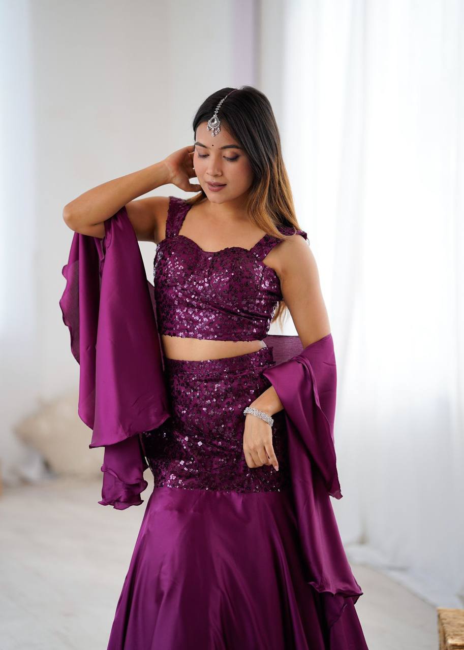 Premium Net Embroidered Crepe Blouse, Fishcut Skirt & Dupatta