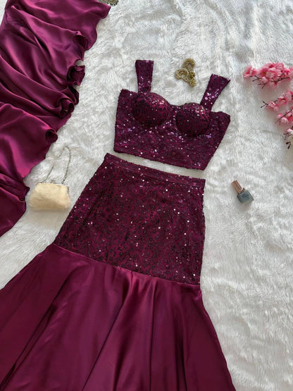 Premium Net Embroidered Crepe Blouse, Fishcut Skirt & Dupatta