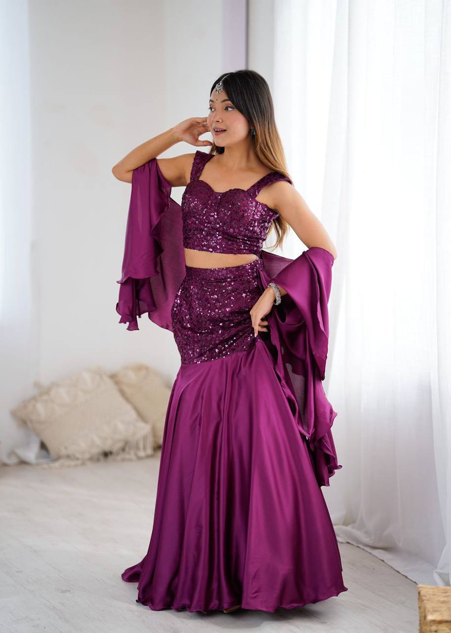 Premium Net Embroidered Crepe Blouse, Fishcut Skirt & Dupatta