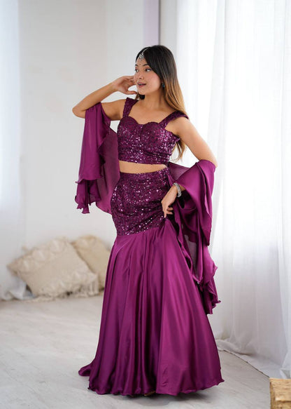 Premium Net Embroidered Crepe Blouse, Fishcut Skirt & Dupatta