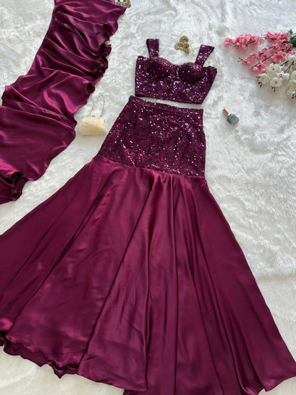 Premium Net Embroidered Crepe Blouse, Fishcut Skirt & Dupatta