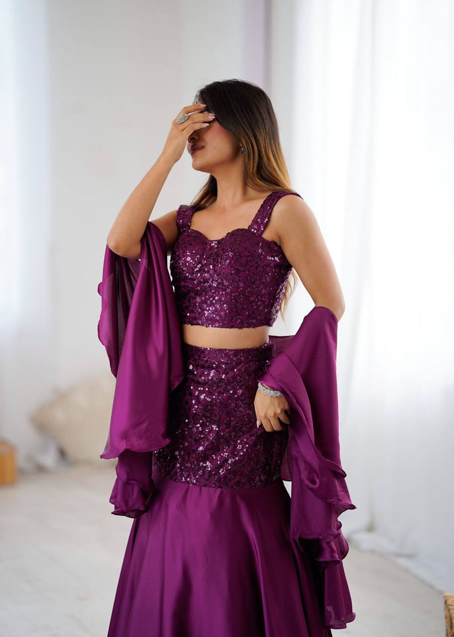Premium Net Embroidered Crepe Blouse, Fishcut Skirt & Dupatta