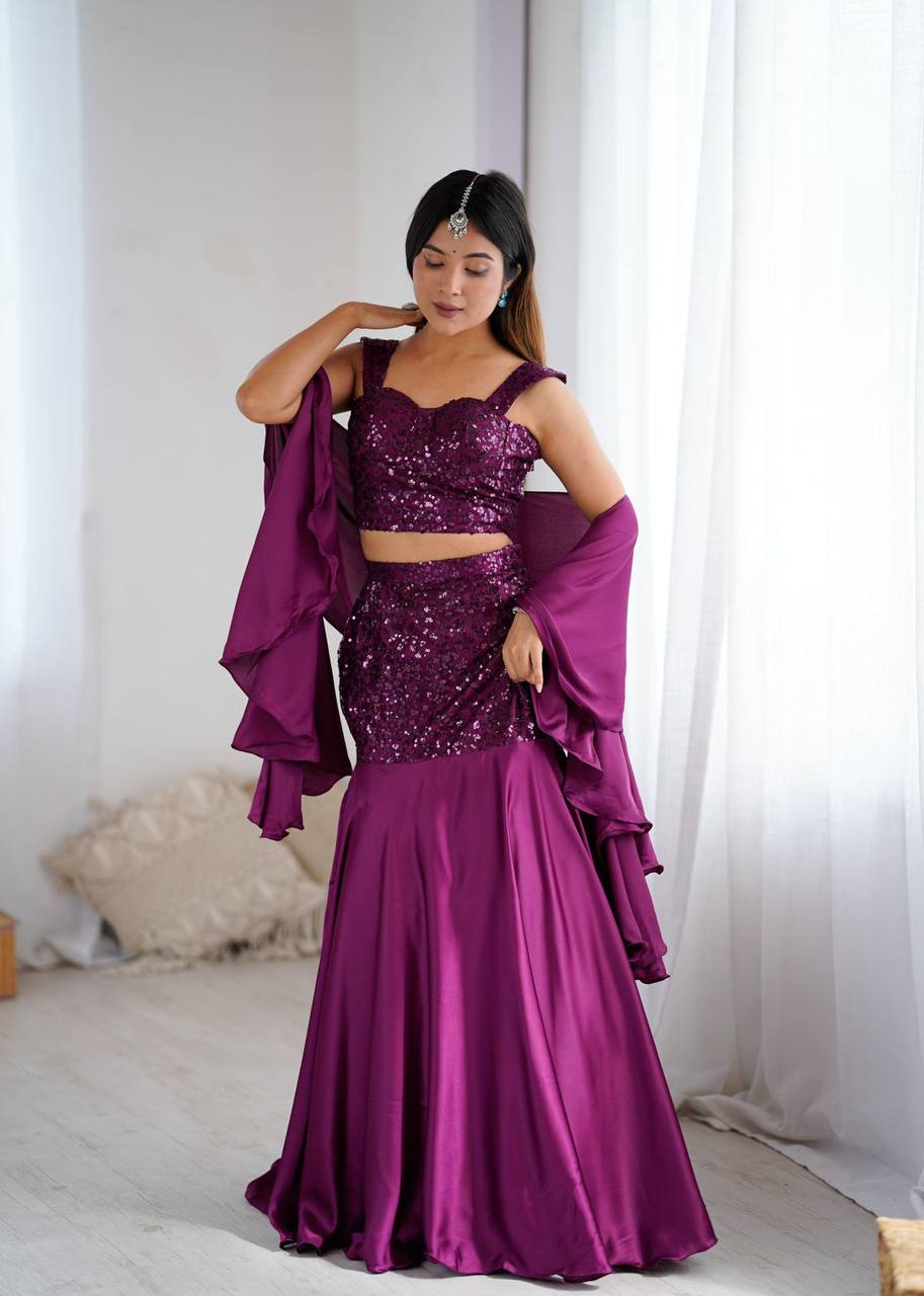 Premium Net Embroidered Crepe Blouse, Fishcut Skirt & Dupatta
