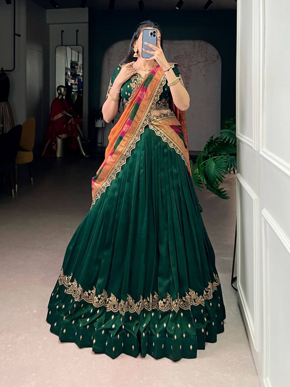 Premium Vichitra Silk Lehenga, Blouse & Dupatta – Sequins & Thread Embroidery