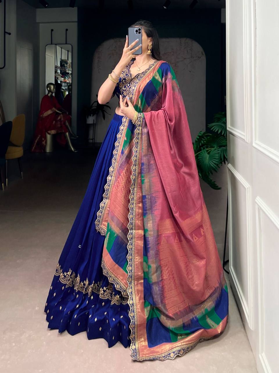 Premium Vichitra Silk Lehenga, Blouse & Dupatta – Sequins & Thread Embroidery