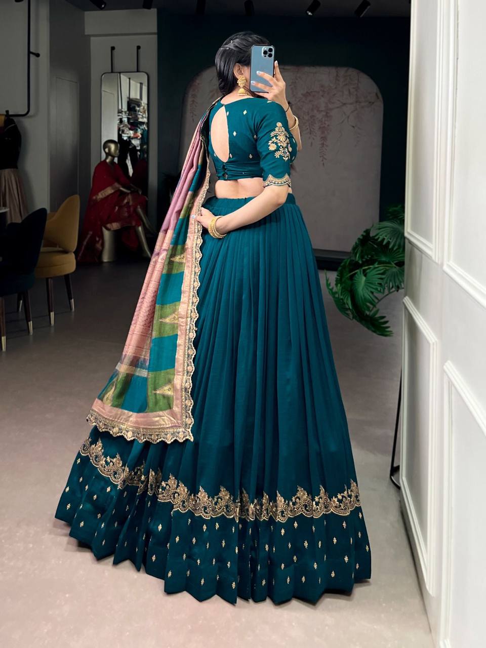 Premium Vichitra Silk Lehenga, Blouse & Dupatta – Sequins & Thread Embroidery