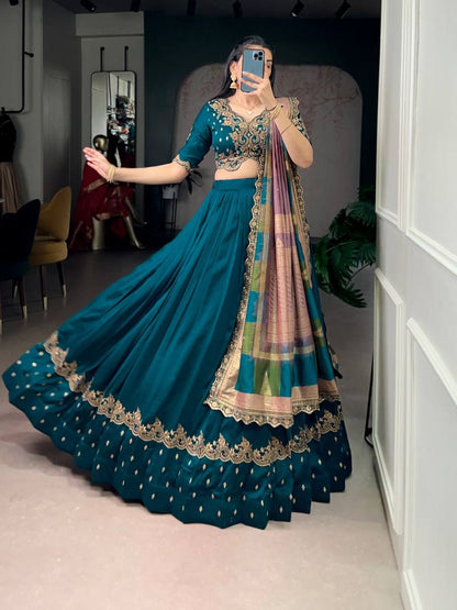 Premium Vichitra Silk Lehenga, Blouse & Dupatta – Sequins & Thread Embroidery