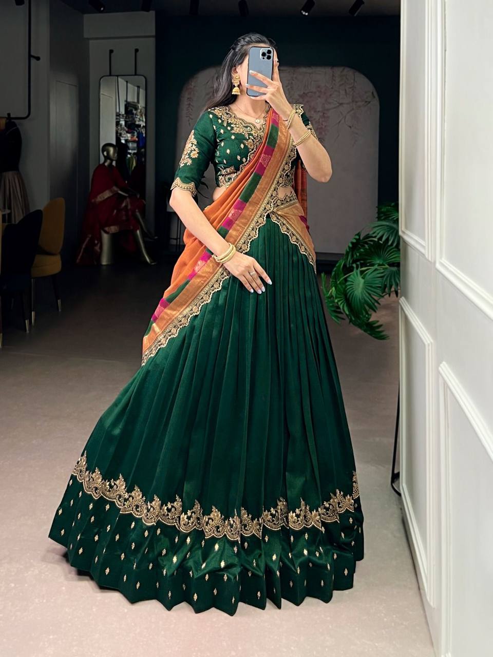 Premium Vichitra Silk Lehenga, Blouse & Dupatta – Sequins & Thread Embroidery
