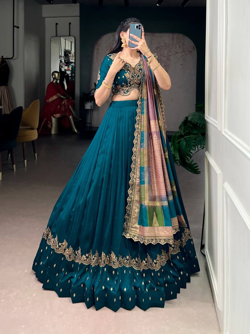 Premium Vichitra Silk Lehenga, Blouse & Dupatta – Sequins & Thread Embroidery