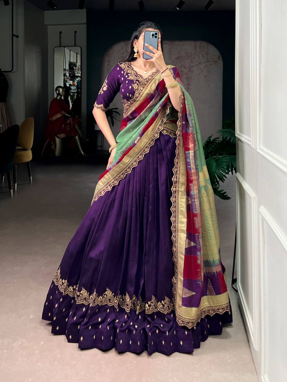 Premium Vichitra Silk Lehenga, Blouse & Dupatta – Sequins & Thread Embroidery
