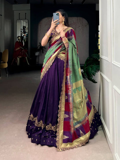 Premium Vichitra Silk Lehenga, Blouse & Dupatta – Sequins & Thread Embroidery