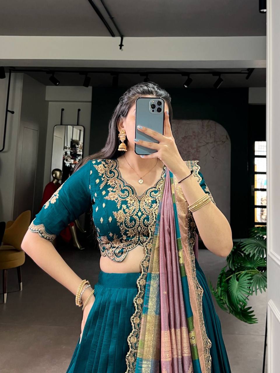 Premium Vichitra Silk Lehenga, Blouse & Dupatta – Sequins & Thread Embroidery