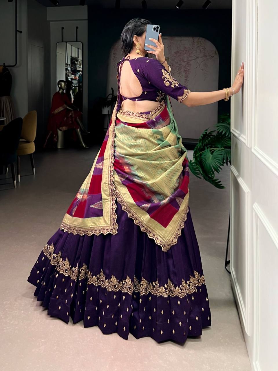 Premium Vichitra Silk Lehenga, Blouse & Dupatta – Sequins & Thread Embroidery