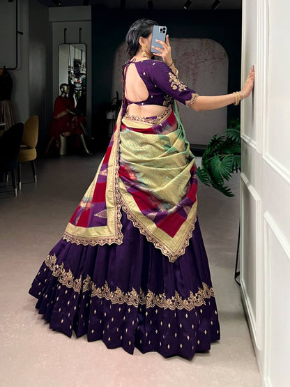 Premium Vichitra Silk Lehenga, Blouse & Dupatta – Sequins & Thread Embroidery