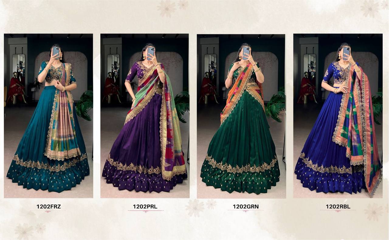 Premium Vichitra Silk Lehenga, Blouse & Dupatta – Sequins & Thread Embroidery