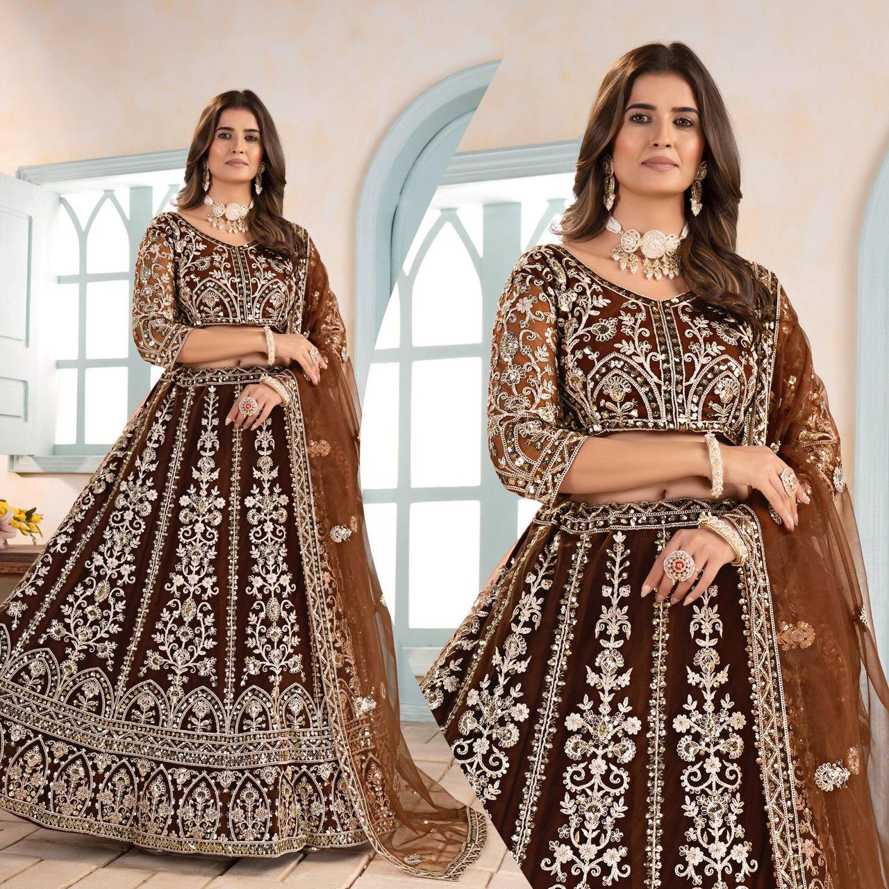 Premium Butterfly Net Lehenga, Blouse & Dupatta – Sequins & Cording Embroidery