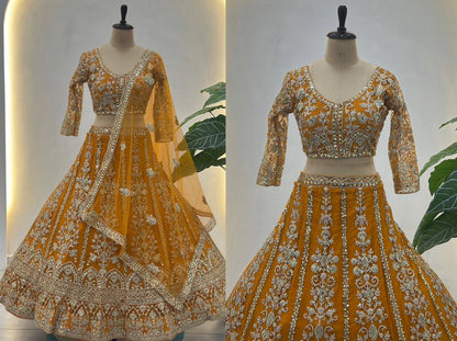 Premium Butterfly Net Lehenga, Blouse & Dupatta – Sequins & Cording Embroidery