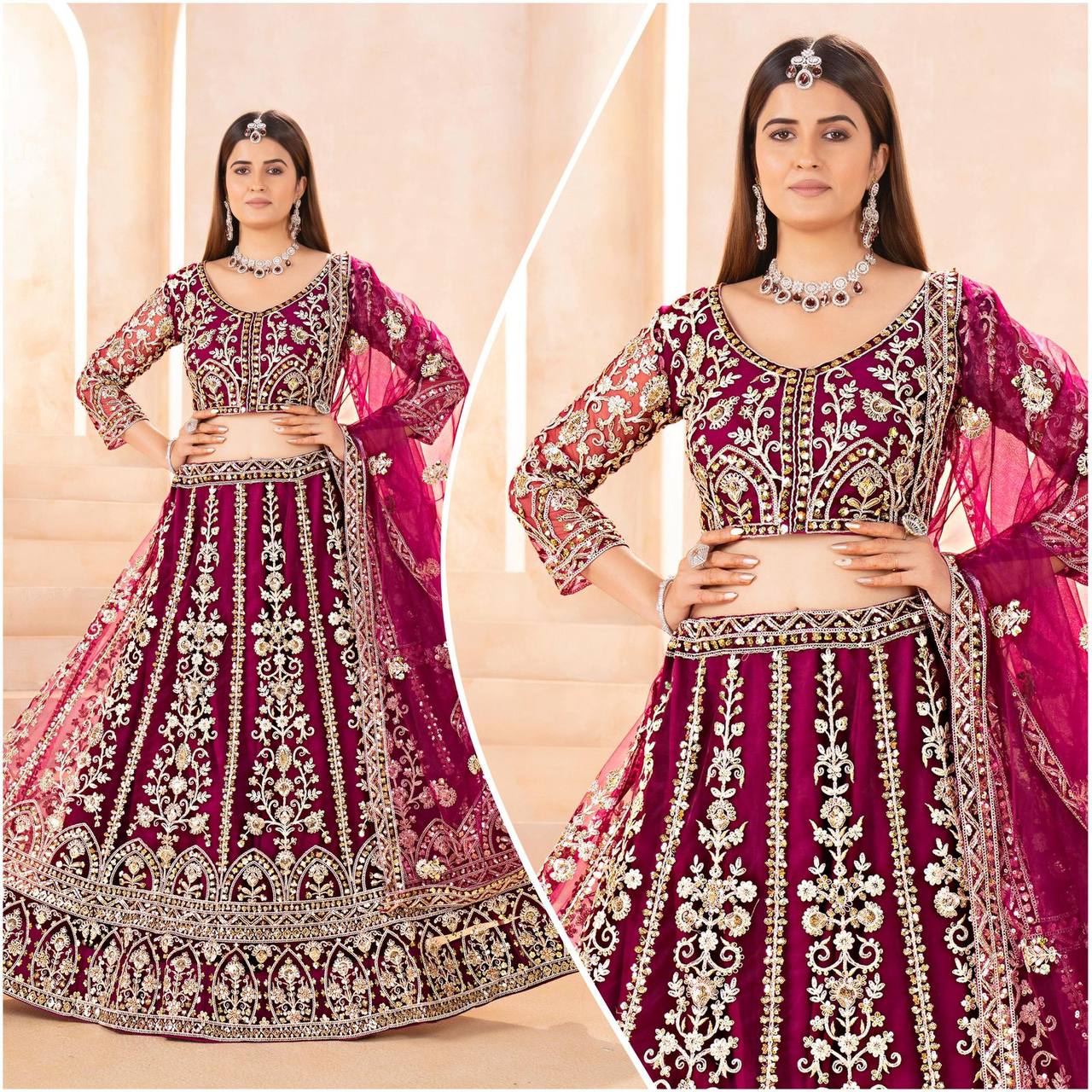 Premium Butterfly Net Lehenga, Blouse & Dupatta – Sequins & Cording Embroidery