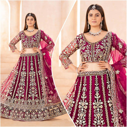Premium Butterfly Net Lehenga, Blouse & Dupatta – Sequins & Cording Embroidery