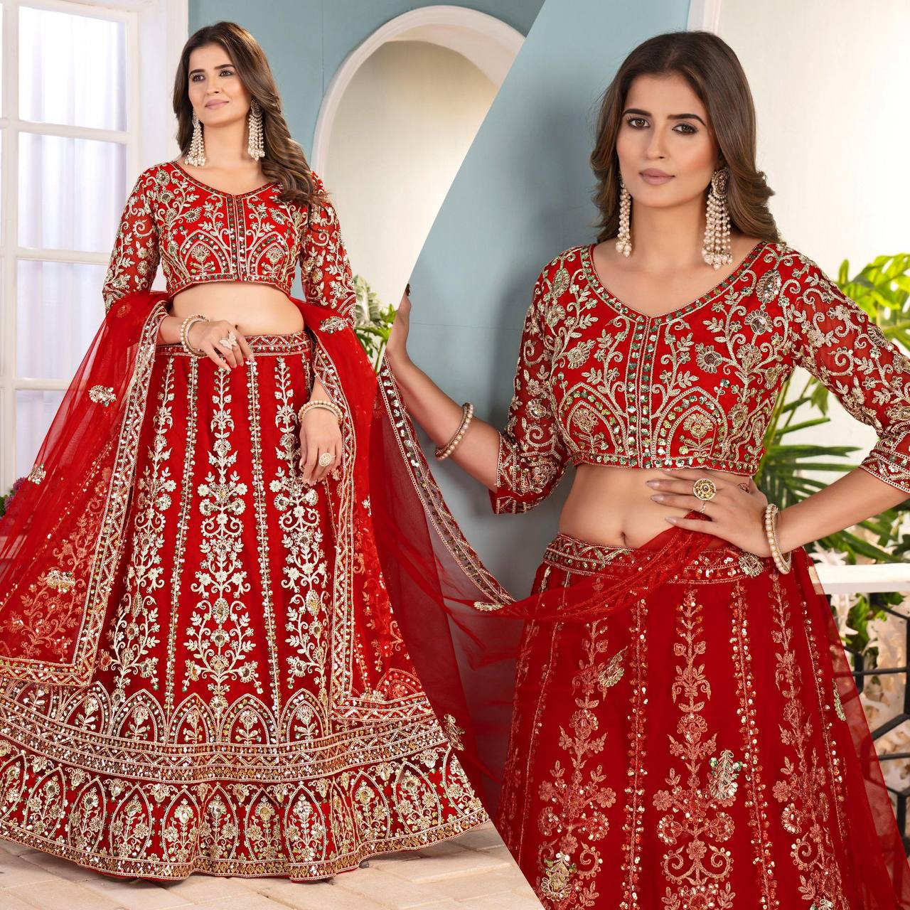 Premium Butterfly Net Lehenga, Blouse & Dupatta – Sequins & Cording Embroidery