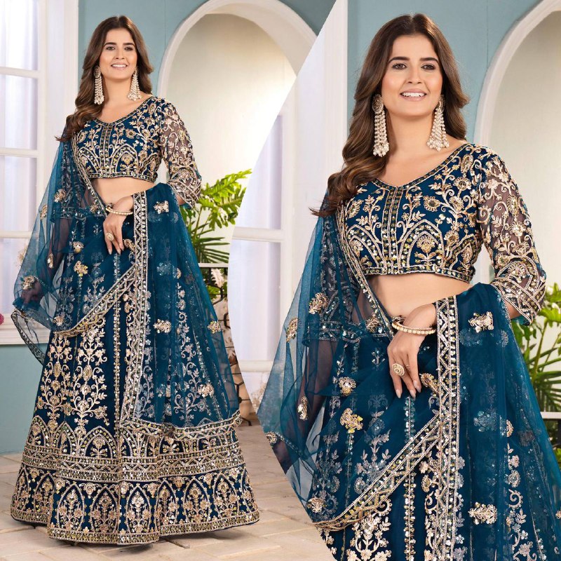 Premium Butterfly Net Lehenga, Blouse & Dupatta – Sequins & Cording Embroidery