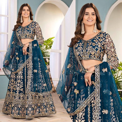 Premium Butterfly Net Lehenga, Blouse & Dupatta – Sequins & Cording Embroidery