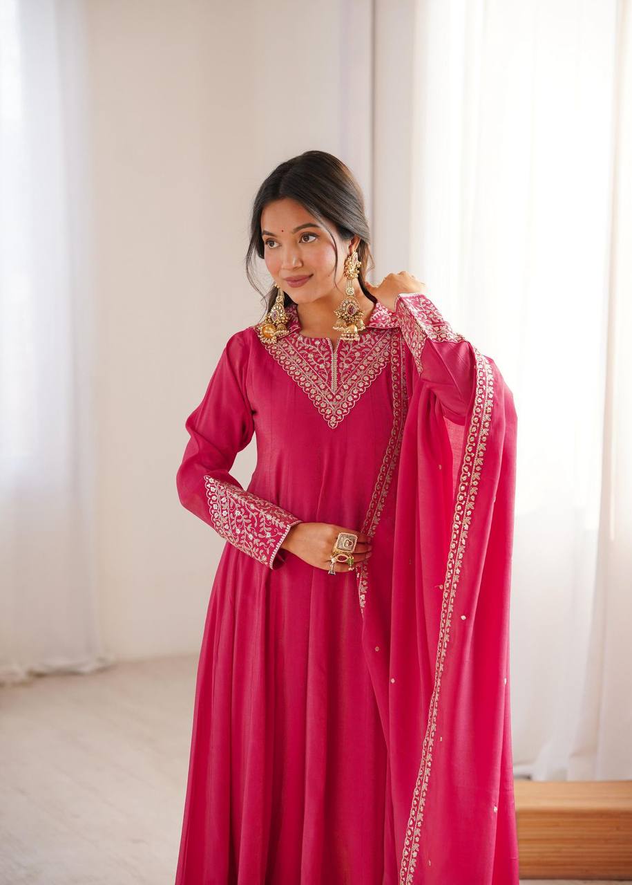 Premium Roman Shimmer Silk Anarkali, Pant & Dupatta