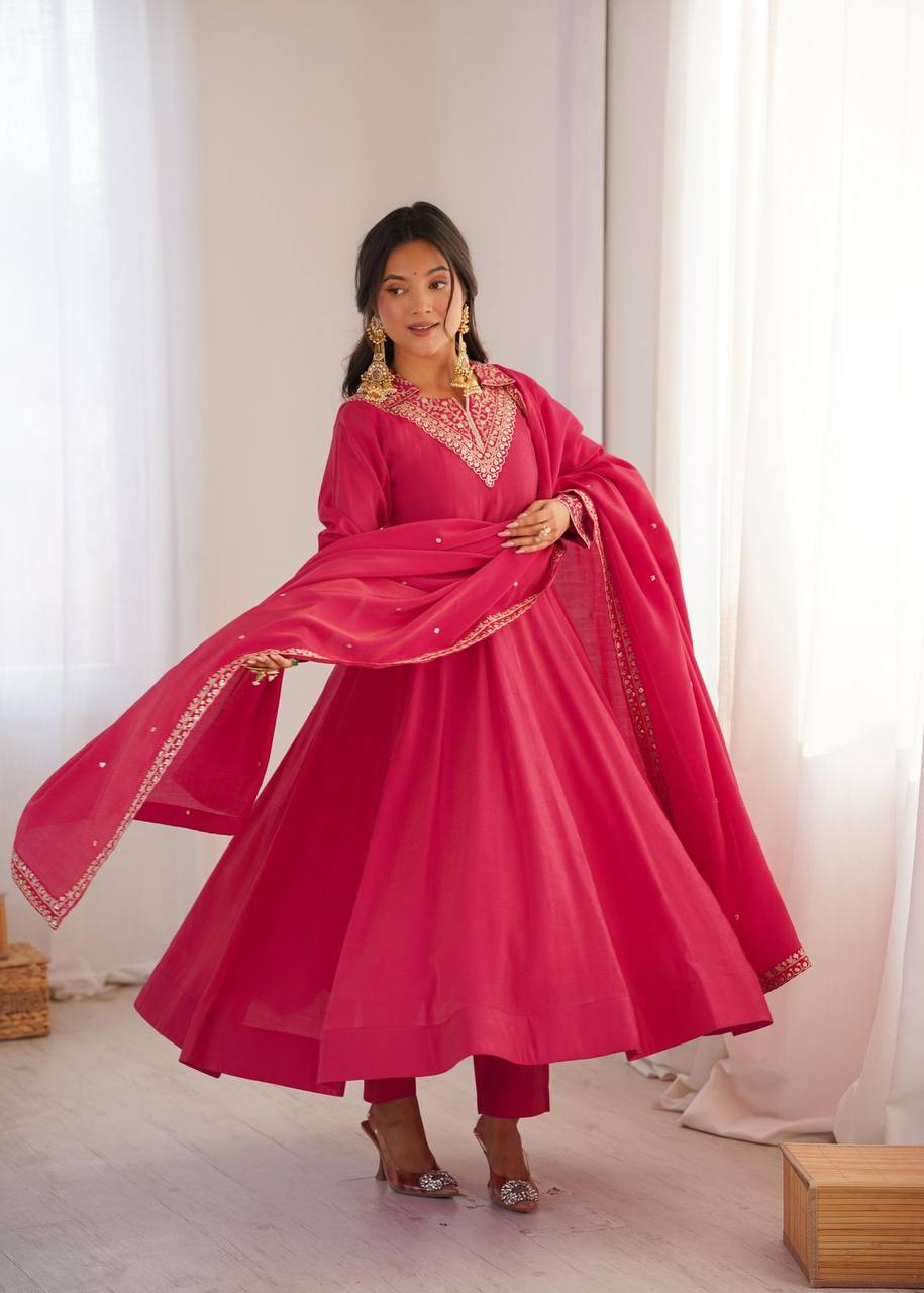 Premium Roman Shimmer Silk Anarkali, Pant & Dupatta