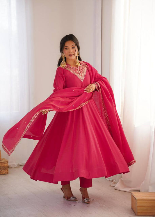 Premium Roman Shimmer Silk Anarkali, Pant & Dupatta
