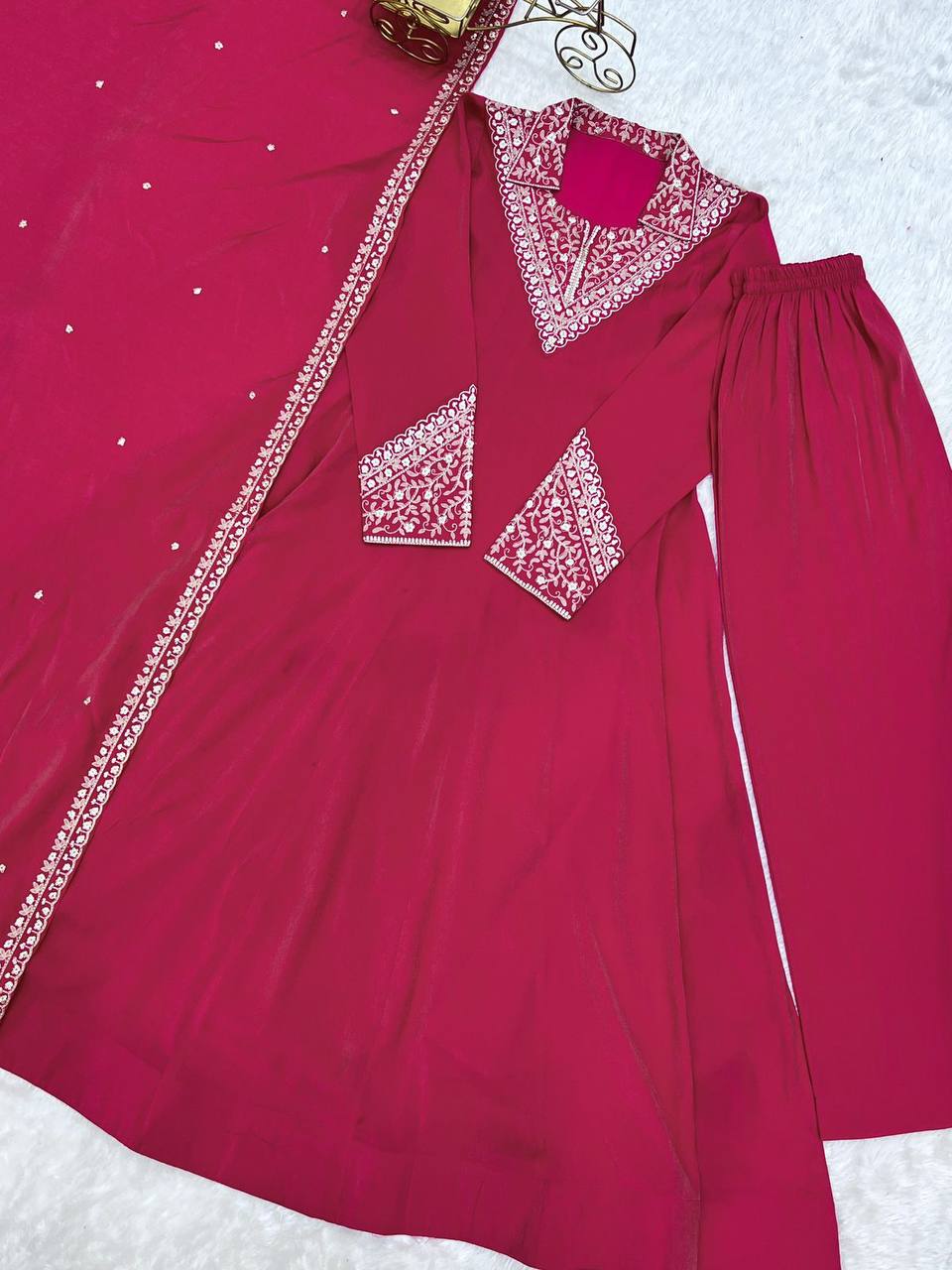 Premium Roman Shimmer Silk Anarkali, Pant & Dupatta