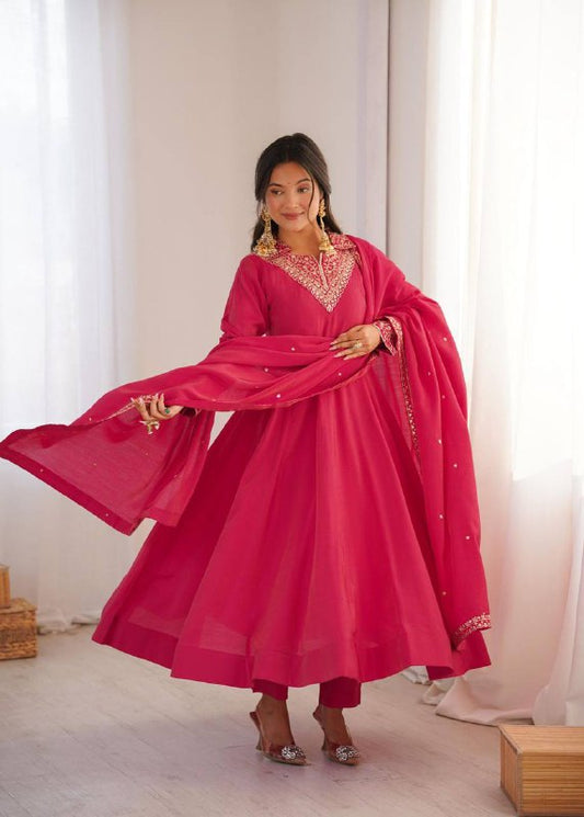Premium Roman Shimmer Silk Anarkali Suit Set