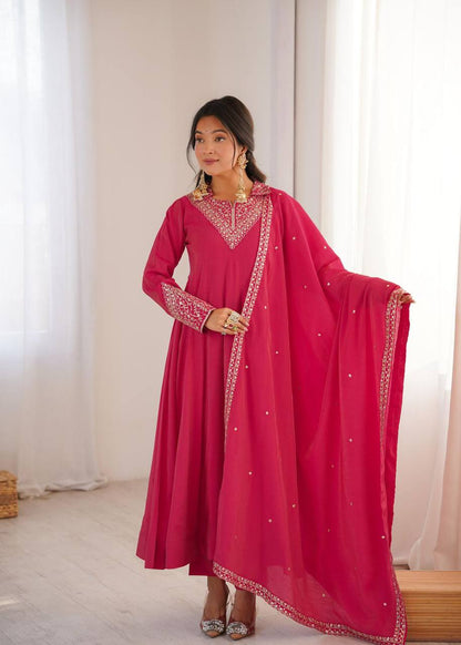 Premium Roman Shimmer Silk Anarkali, Pant & Dupatta
