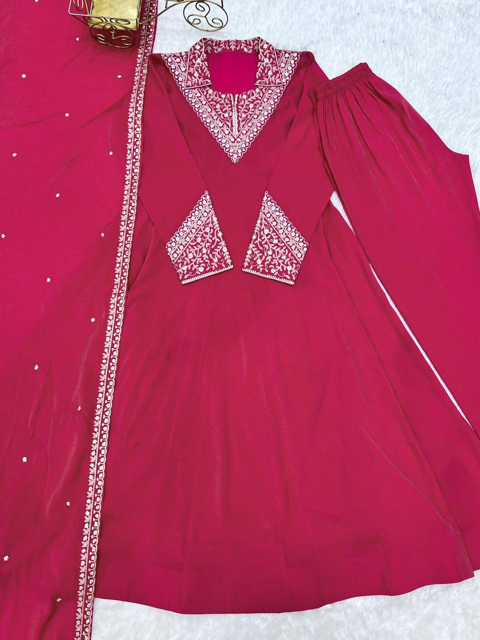 Premium Roman Shimmer Silk Anarkali, Pant & Dupatta