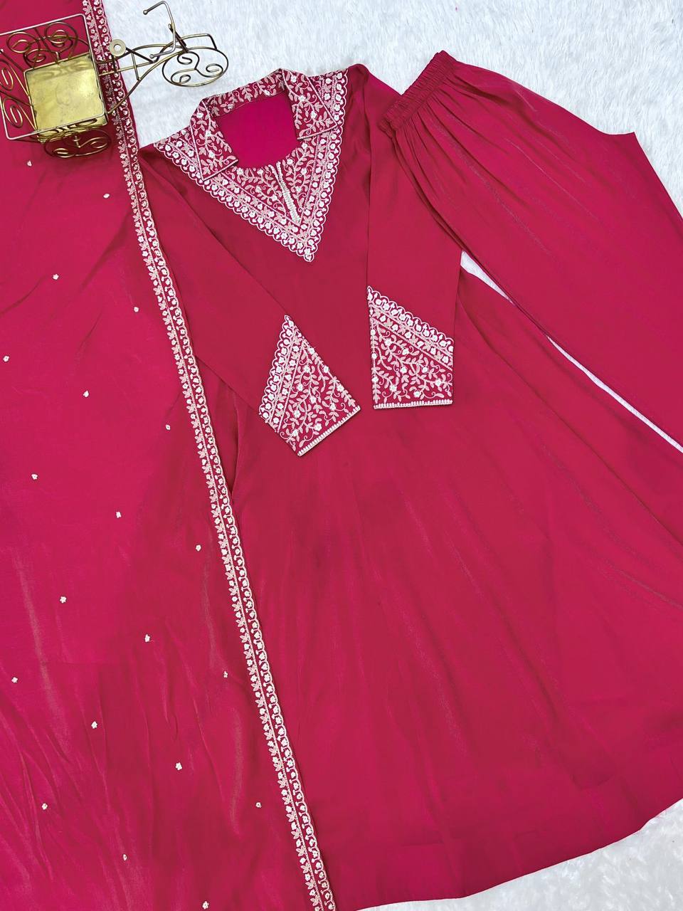 Premium Roman Shimmer Silk Anarkali, Pant & Dupatta